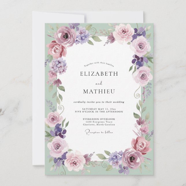 Invitation Mariage Améthyste Menthe Feuillage Gris Eucalyptus (Devant)