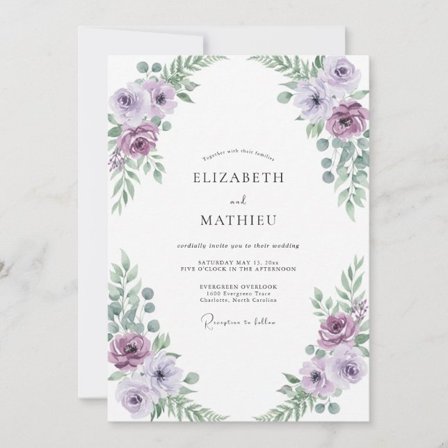 Invitation Mariage Améthyste Menthe Renoncule Eucalyptus (Devant)