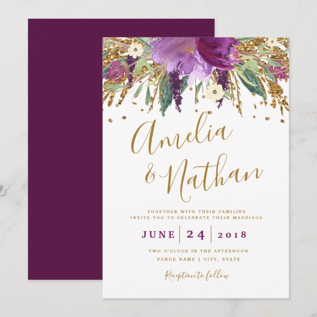 Invitation Mariage Améthyste Paillettes Violet Brillantes (Devant / Derrière)