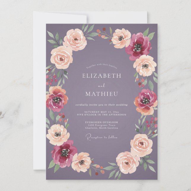 Invitation Mariage Améthyste Pêche Ranunculus Eucalyptus (Devant)