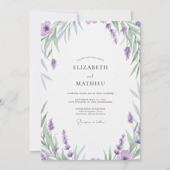 Invitation Mariage Améthyste Perle Argentée Feuillue (Devant)