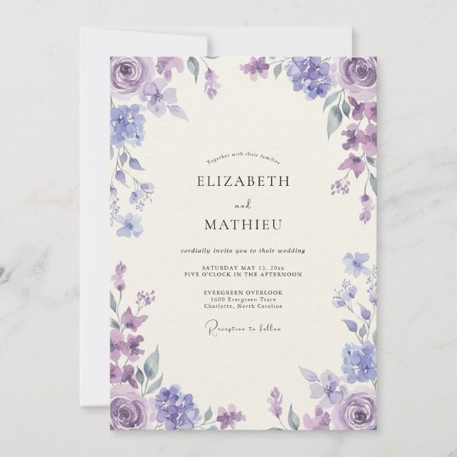Invitation Mariage Améthyste Pervenche Ranunculus Eucalyptus (Devant)