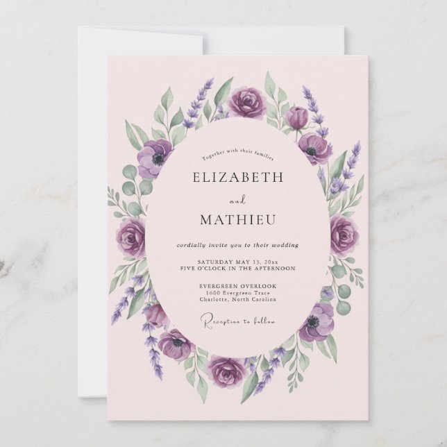 Invitation Mariage Améthyste Plume Ranunculus Eucalyptus (Devant)