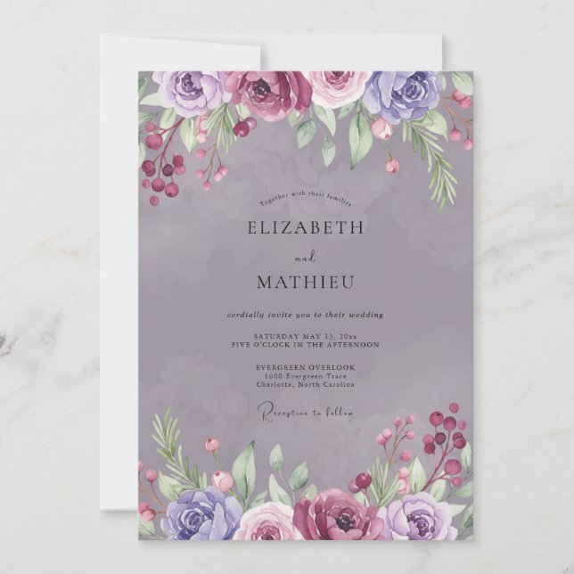Invitation Mariage Améthyste Plume Ranunculus Sauge (Devant)