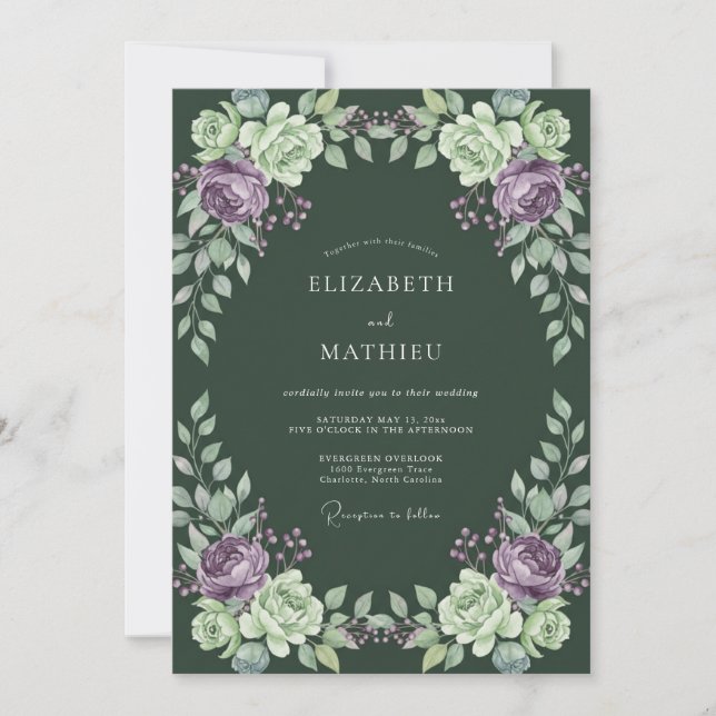 Invitation Mariage Améthyste Prune Ranunculus Eucalyptus pous (Devant)