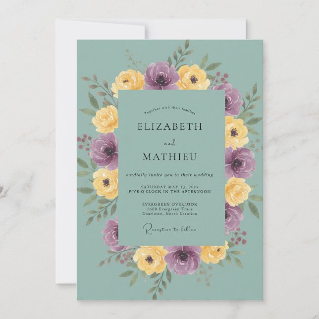 Invitation Mariage Améthyste Ranunculus Doré Eucalyptus (Devant)