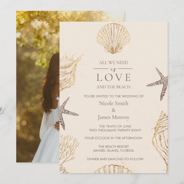 Invitation Mariage Amour et Plage Coquillage Style Côte  (Devant / Derrière)