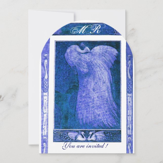 Invitation MARIAGE AMOUR PAON INITIALES Bleu Blanc (Devant)