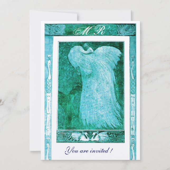 Invitation MARIAGE AMOUR PAON MONOGRAMME Aqua Bleu Blanc (Devant)