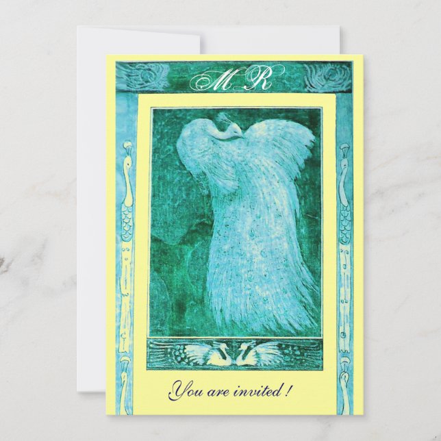 Invitation MARIAGE AMOUR PAON MONOGRAMME, bleu blanc jaune (Devant)