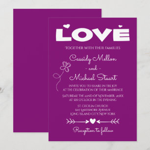 Invitation Mariage Amour Violet, Papillons & Cœurs