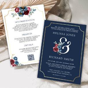 Invitation Mariage Ampersand aux Fleurs Bleu Marine et Bourgo