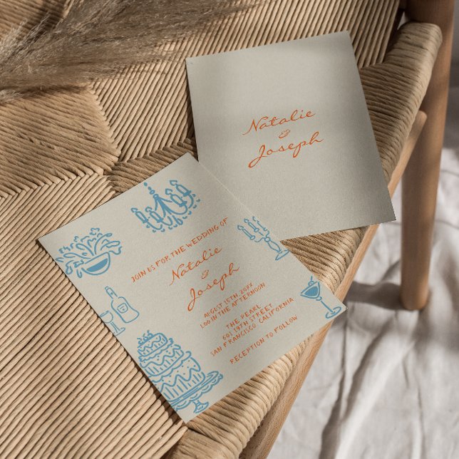 Invitation Mariage Amusant Dessiné à la Main Orange Bleu (Créateur téléchargé)