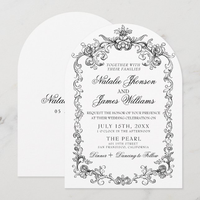 Invitation Mariage Ancien Argent Noir Et Blanc À Arché (Devant / Derrière)
