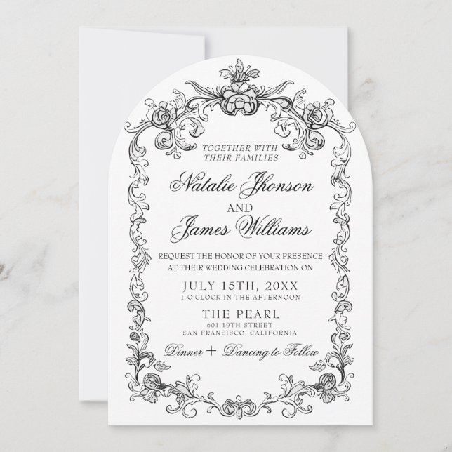 Invitation Mariage Ancien Argent Noir Et Blanc Arché (Devant)