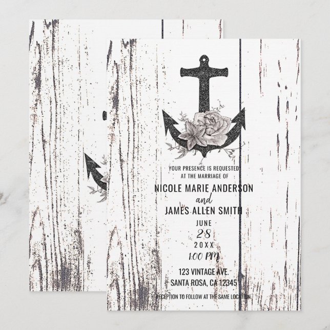 Invitation Mariage Ancrage de Plage Côtière en Bois Rustique (Devant / Derrière)