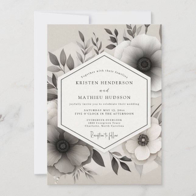 Invitation Mariage Anémone à l'encre en nuances de gris (Devant)