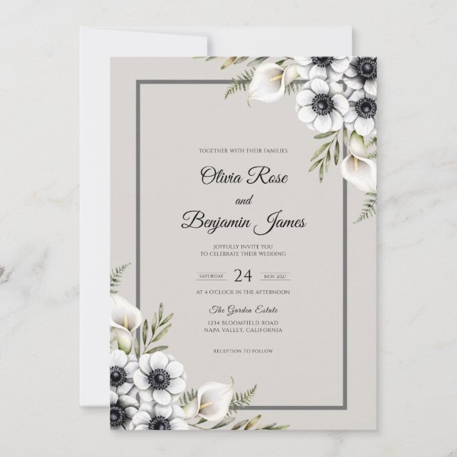 Invitation Mariage Anémone Blanc Crème (Devant)
