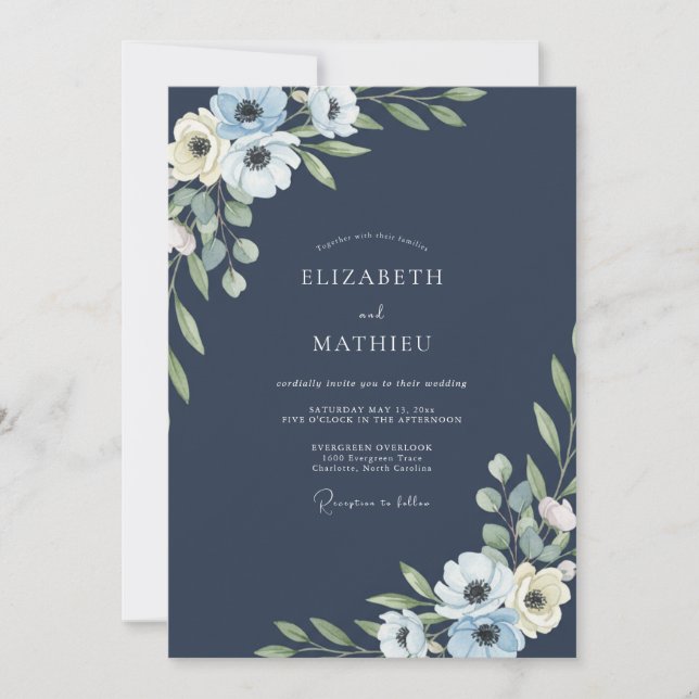 Invitation Mariage Anémone Blanc de Minuit (Devant)