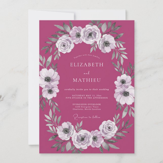 Invitation Mariage Anémone Blanche Mauve (Devant)