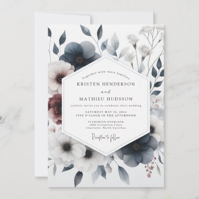 Invitation Mariage Anémone Bleu Ardoise Maussade (Devant)