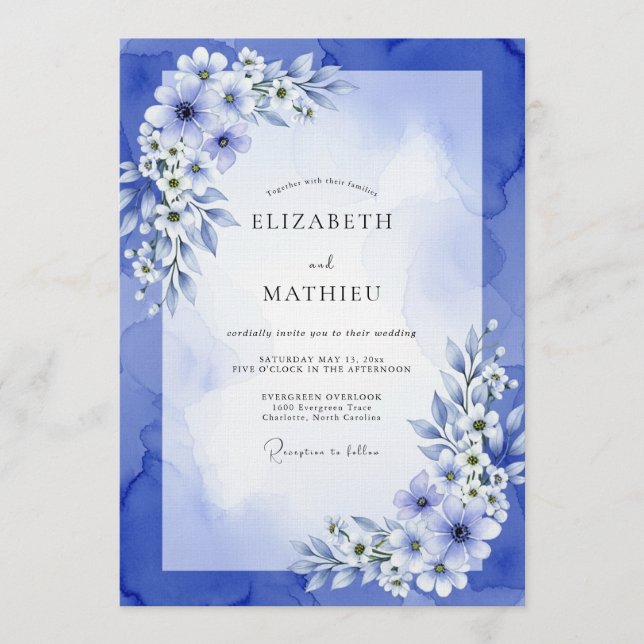 Invitation Mariage Anémone Bleu Pictural (Devant)