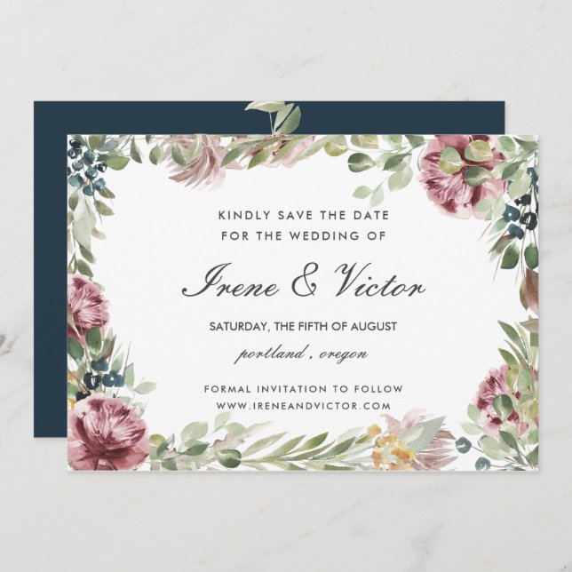 Invitation Mariage Anemone Blush Bleu Nuit  Enregistrez la da (Devant / Derrière)