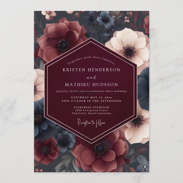 Invitation Mariage Anémone Bourguignon Mélancolique (Devant)