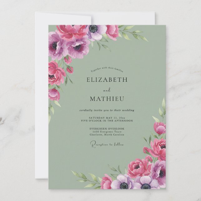 Invitation Mariage Anémone Céladon Magenta (Devant)
