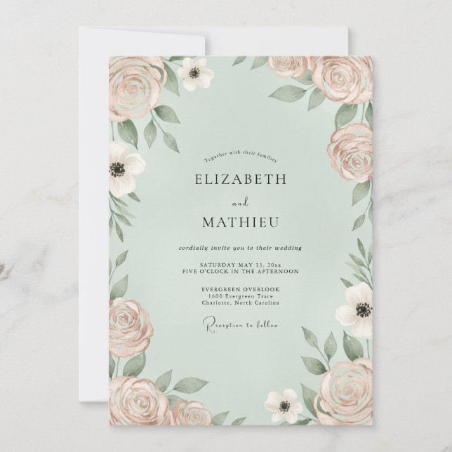 Invitation Mariage Anémone Champagne Menthe (Devant)