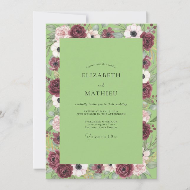 Invitation Mariage Anémone Chartreuse Bordeaux (Devant)