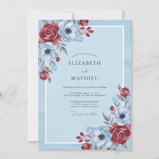 Invitation Mariage Anémone Ciel Cramoisi (Devant)