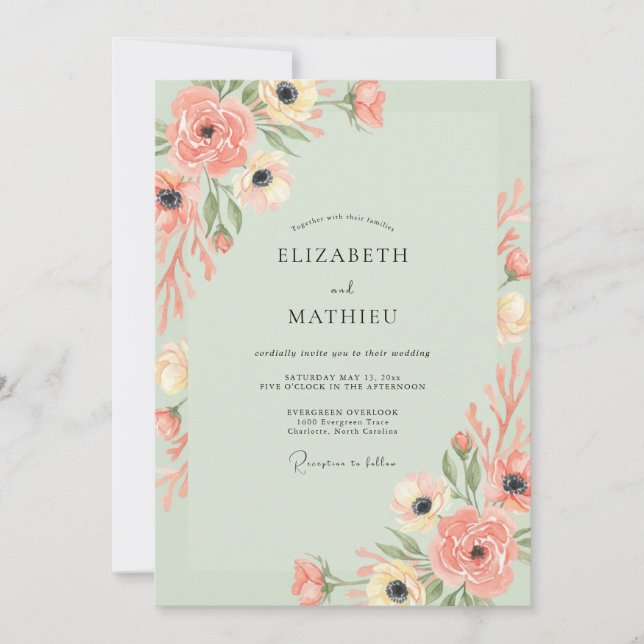 Invitation Mariage Anémone Corail Menthe (Devant)