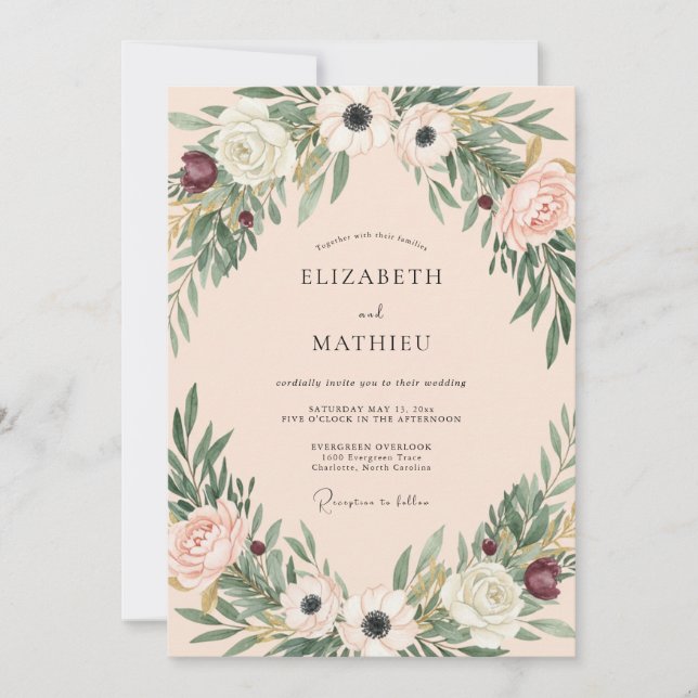 Invitation Mariage Anémone Crème Bourgogne (Devant)