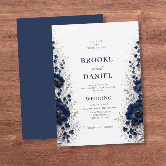 Invitation Mariage Anémone de mer Navy Paillettes Argentées M (Créateur téléchargé)