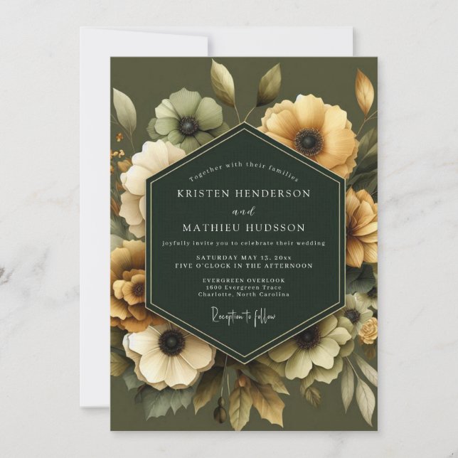 Invitation Mariage Anémone Dorée Olive (Devant)