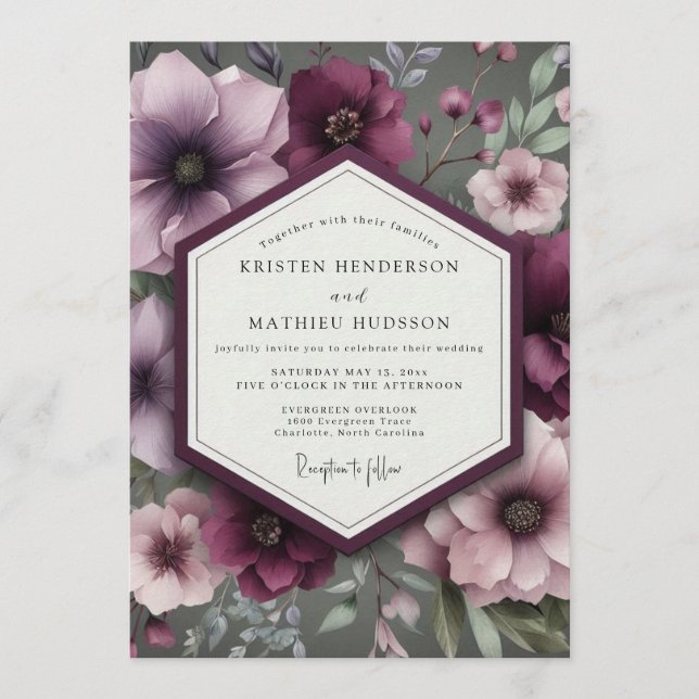 Invitation Mariage Anémone Dramatique prune (Devant)