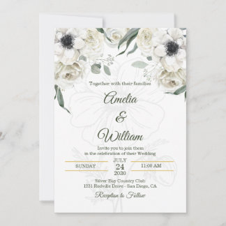 Invitation Mariage Anémone Élégant Blanc Noir Vert