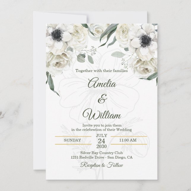 Invitation Mariage Anémone Élégant Blanc Noir Vert (Devant)