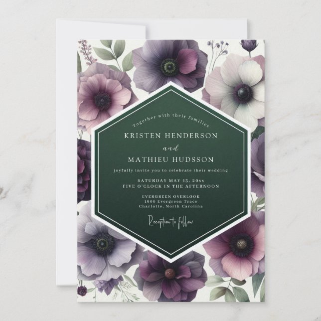 Invitation Mariage Anémone Émeraude Prune (Devant)
