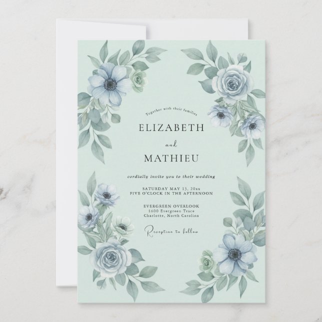 Invitation Mariage Anémone en Acier Bleu (Devant)
