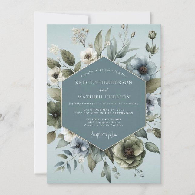 Invitation Mariage Anémone Ethérée Bleu Acier (Devant)