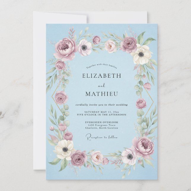 Invitation Mariage Anémone Fleur de Prunier Céleste (Devant)