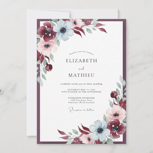 Invitation Mariage Anémone Glacée Bourge (Devant)