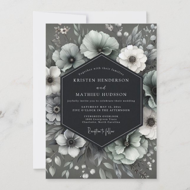 Invitation Mariage Anémone Gothique Charbon (Devant)