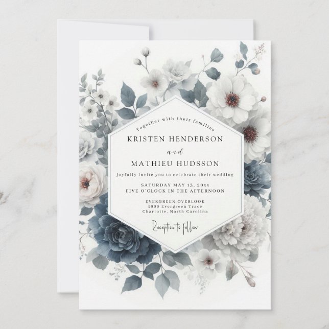 Invitation Mariage Anémone Hivernal Bleu Ardoise (Devant)