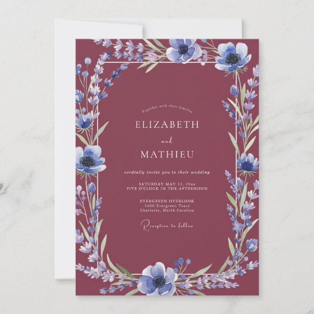 Invitation Mariage Anémone Indigo Vin (Devant)