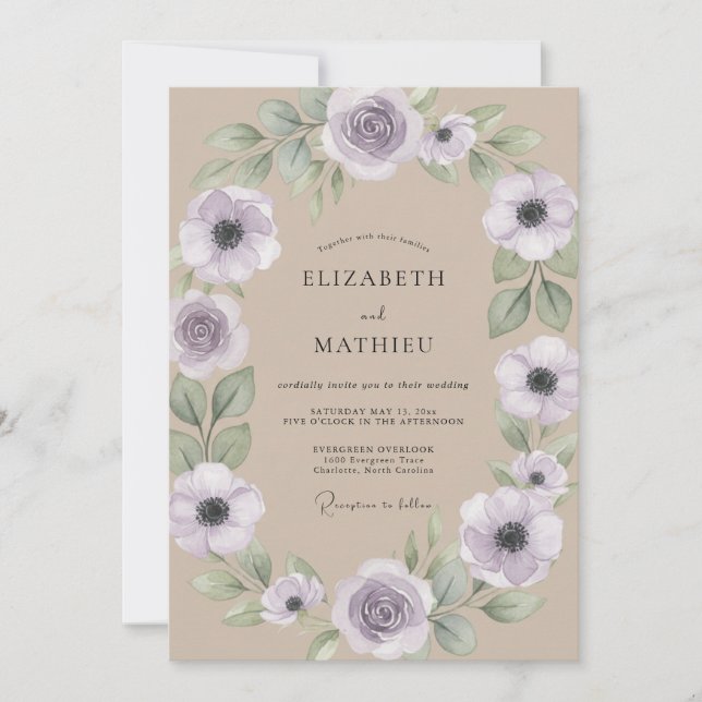 Invitation Mariage Anémone Lilas Beige (Devant)