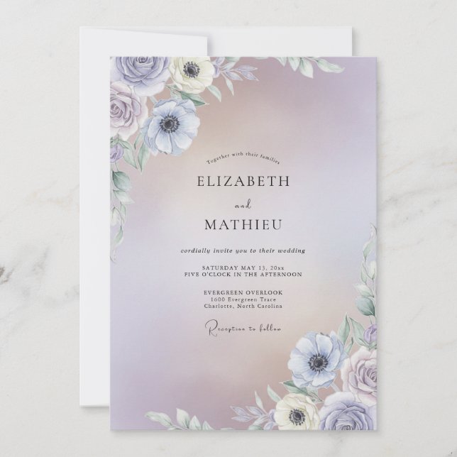 Invitation Mariage Anémone Lilas Pervenche (Devant)