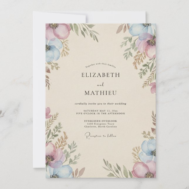 Invitation Mariage Anémone Lilas Poussiéreux Pervenche (Devant)